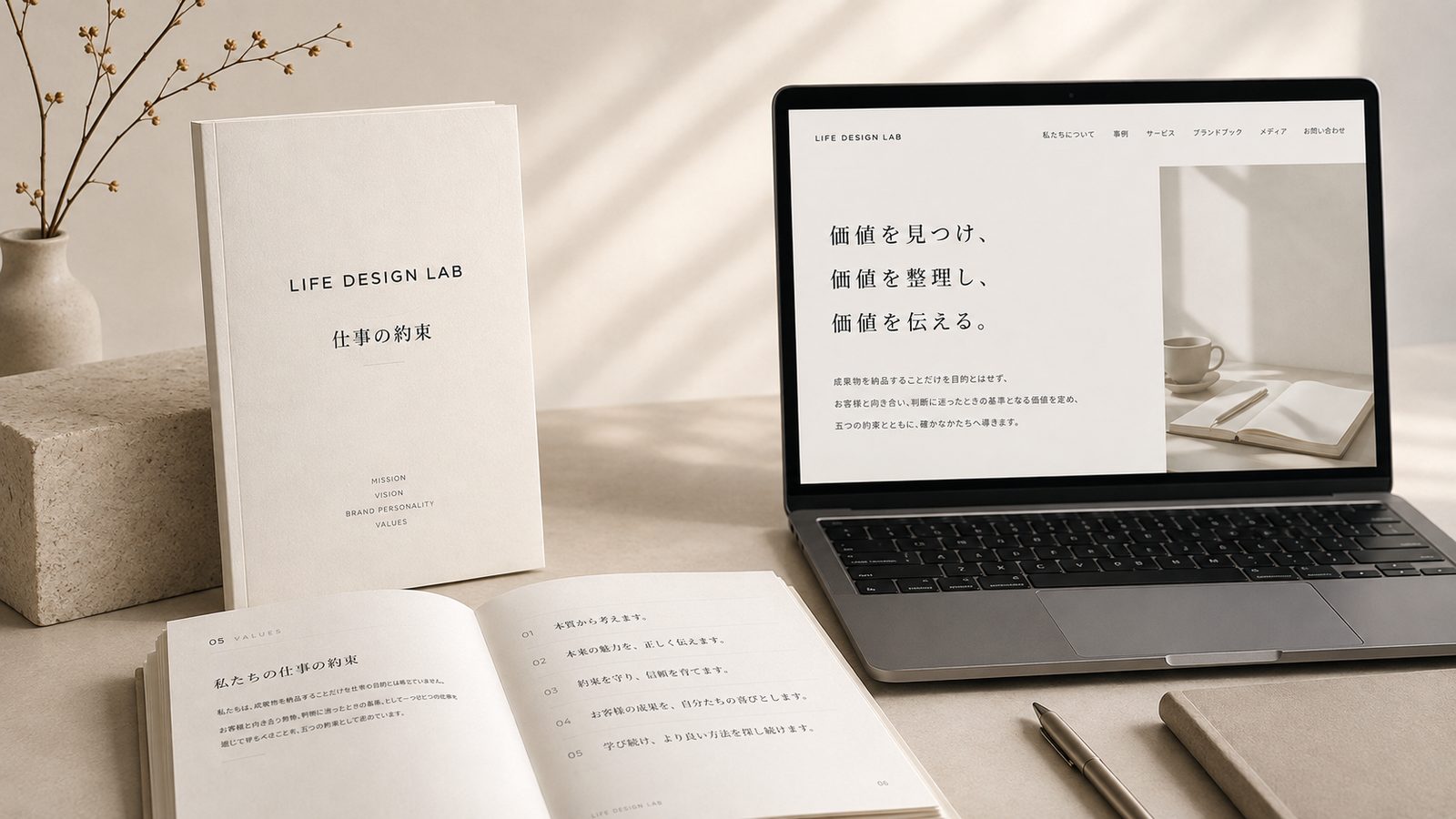 ブランドブック「仕事の約束」の表紙と中面、公式ホームページを表示したノートパソコンが並ぶ机の上