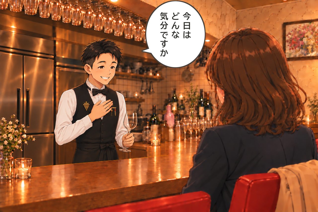 ページに掲載したマンガの1コマ。カウンター越しに店主が「今日はどんな気分ですか」とたずねている