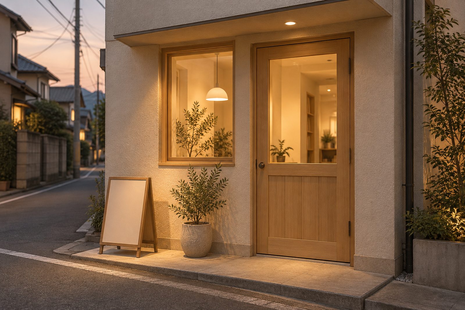 夕方、中の明かりが灯る小さなお店の入口