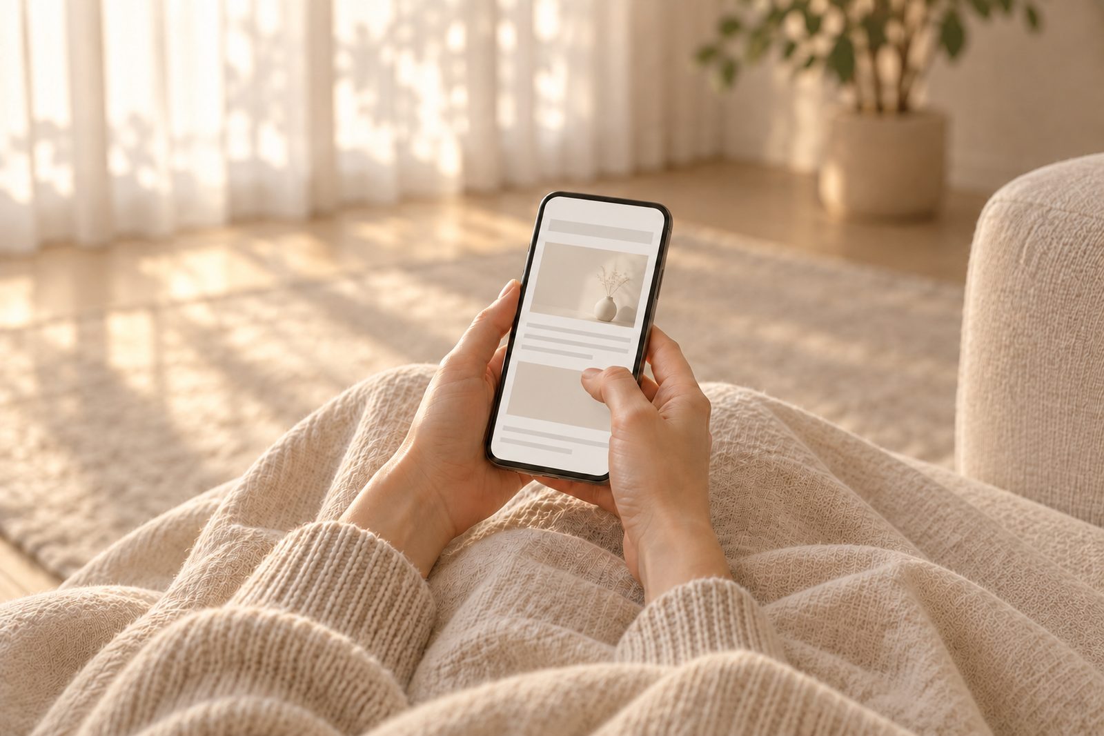 ソファに座り、手に持ったスマートフォンでページを読んでいる手元