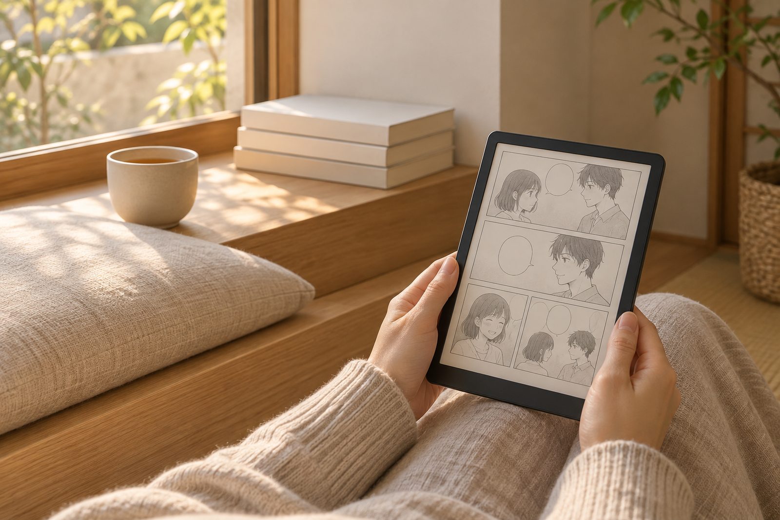 窓辺の読書スペースで、電子書籍リーダーの漫画のページを読んでいる手元