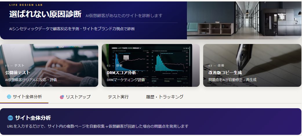AIサイト診断（VCT）の画面。公開前テスト・DRMスコア分析・改善版コピー生成の3つの機能と、サイト全体分析のタブ