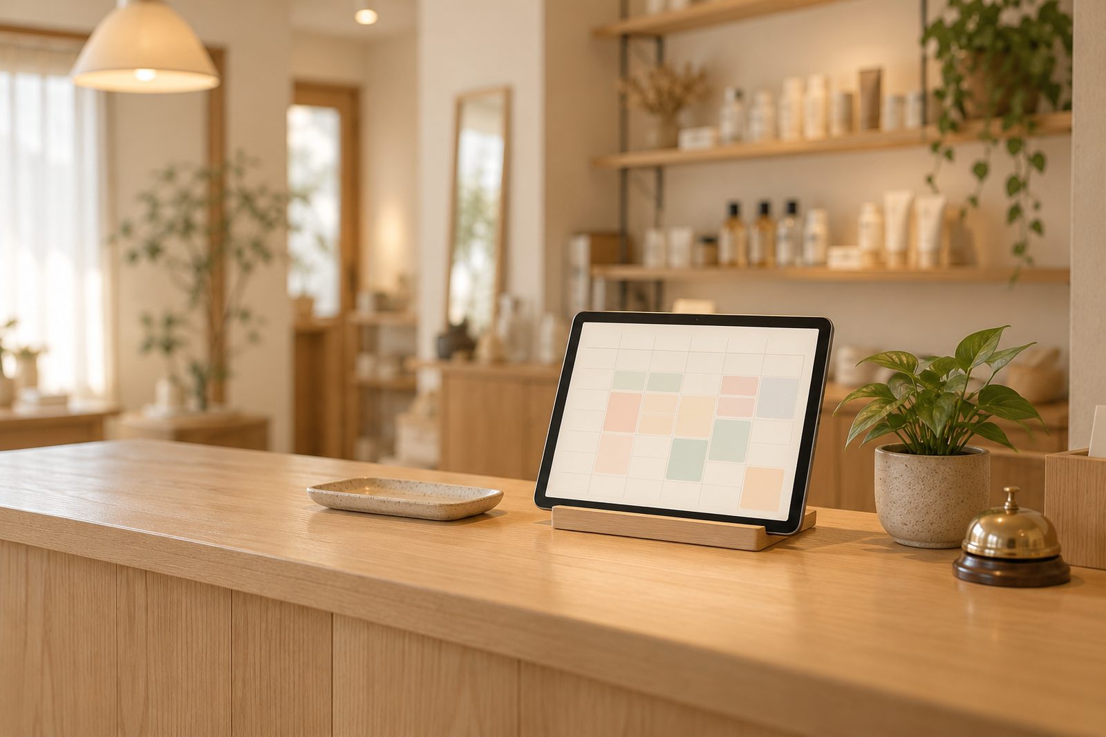 小さなお店の受付カウンターに置かれた、予定表を表示したタブレット
