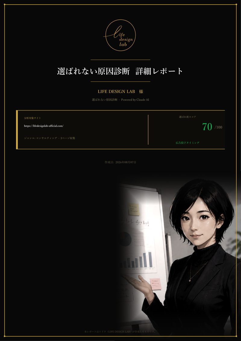 AIサイト診断VCTが出力した詳細レポートの表紙。表題は「選ばれない原因診断 詳細レポート」